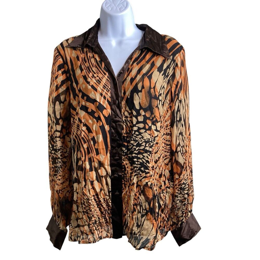 Bob Mackie Brown and Tan Animal Print Silk Blouse